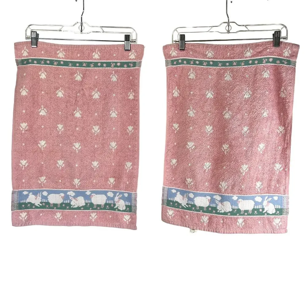 Vintage Towel Set Cottagecore Utica Cotton Sheep Rabbit Pink Fairy Kei